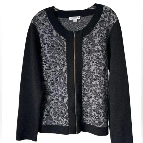 PENDLETON | Black & Gray Sparkle Leopard Print Merino/Lamb Wool Cardigan Size L - Picture 1 of 6